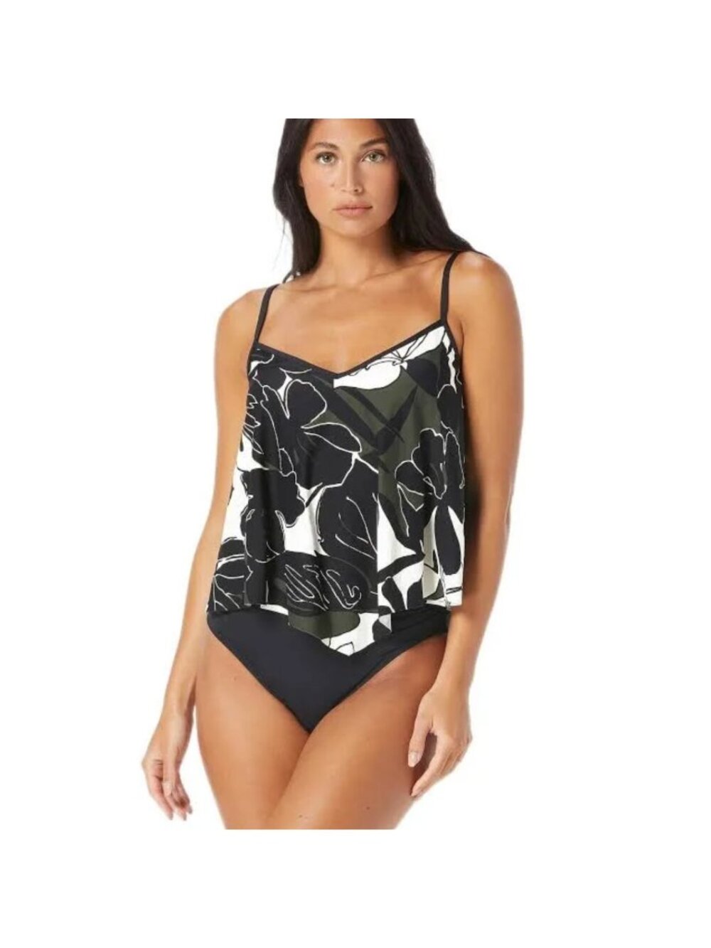 Nwt Carmen Marc Valvo - XL Women's Standard Flyaway‎ Scarf Tankini Black  White